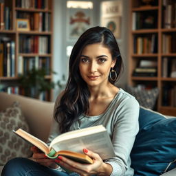 A realistic portrait of a 30-year-old woman with dark hair and European features, sitting comfortably while reading a book
