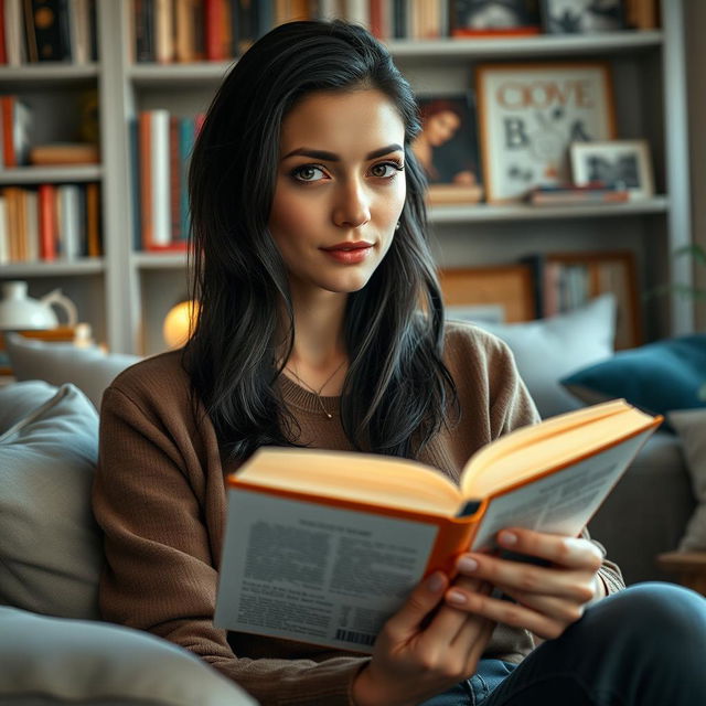 A realistic portrait of a 30-year-old woman with dark hair and European features, sitting comfortably while reading a book