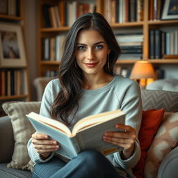 A realistic portrait of a 30-year-old woman with dark hair and European features, sitting comfortably while reading a book