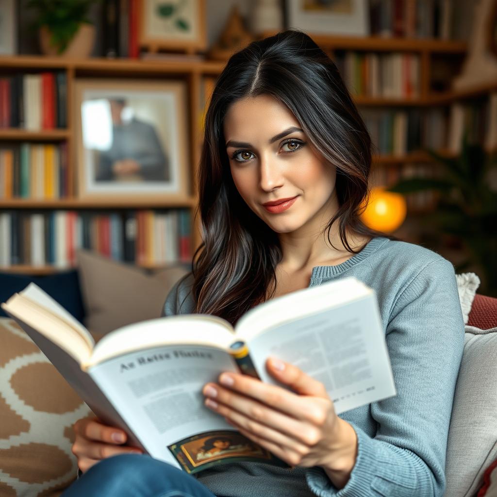 A realistic portrait of a 30-year-old woman with dark hair and European features, sitting comfortably while reading a book