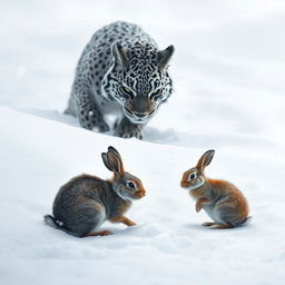 A stealthy predator lurking in the snow, eyes focused intently on a small rabbit nearby, surrounded by a pristine winter landscape blanketed in white snow