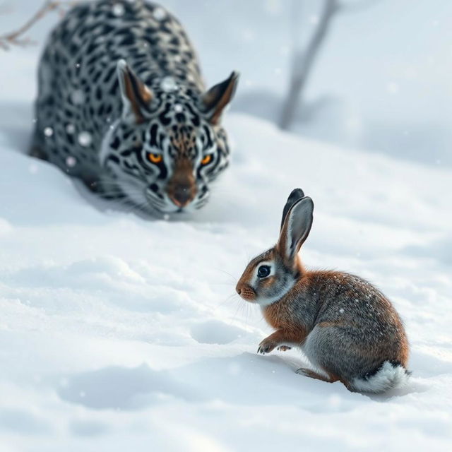 A stealthy predator lurking in the snow, eyes focused intently on a small rabbit nearby, surrounded by a pristine winter landscape blanketed in white snow