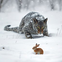 A stealthy predator lurking in the snow, eyes focused intently on a small rabbit nearby, surrounded by a pristine winter landscape blanketed in white snow