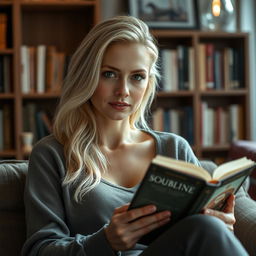 A realistic portrait of a 30-year-old woman with light blonde hair and European features, sitting comfortably while reading a book