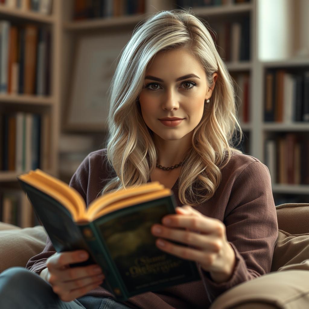 A realistic portrait of a 30-year-old woman with light blonde hair and European features, sitting comfortably while reading a book