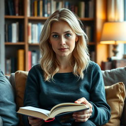 A realistic portrait of a 30-year-old woman with light blonde hair and European features, sitting comfortably while reading a book