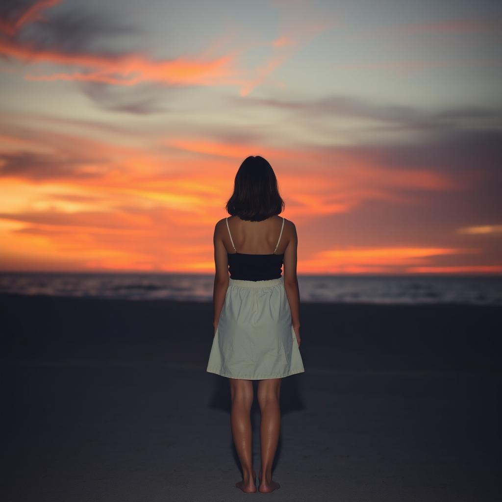 A serene and melancholic beach scene at dusk, featuring a dramatic sky displaying gradients of orange and red, creating a peaceful atmosphere