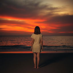A serene and melancholic beach scene at dusk, featuring a dramatic sky displaying gradients of orange and red, creating a peaceful atmosphere