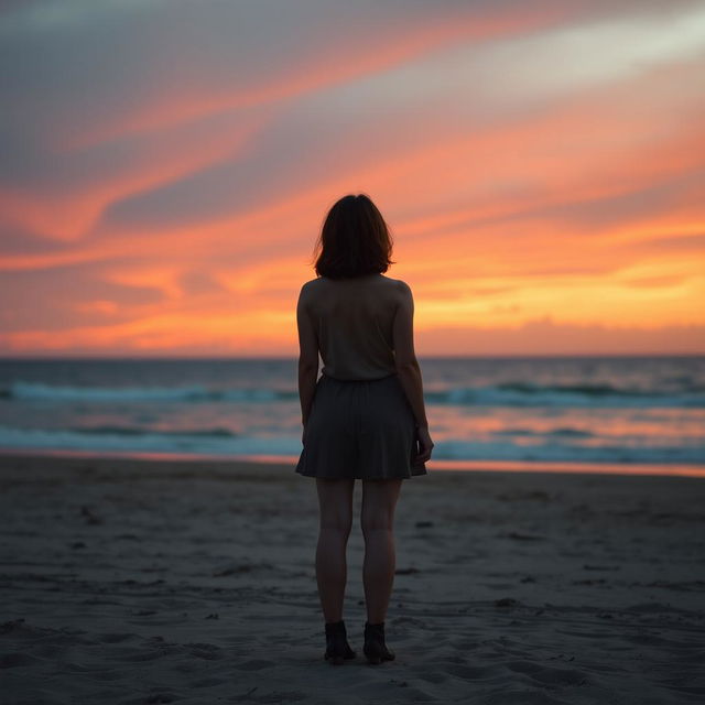 A serene and melancholic beach scene at dusk, featuring a dramatic sky displaying gradients of orange and red, creating a peaceful atmosphere