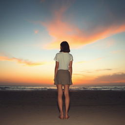 A serene and melancholic beach scene at dusk, featuring a dramatic sky displaying gradients of orange and red, creating a peaceful atmosphere