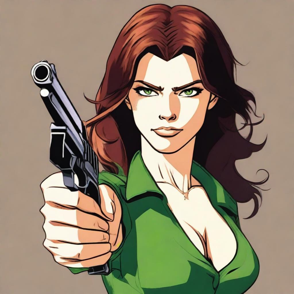 A stern-faced woman with chestnut brown hair and piercing green eyes confidently brandishing a handgun.