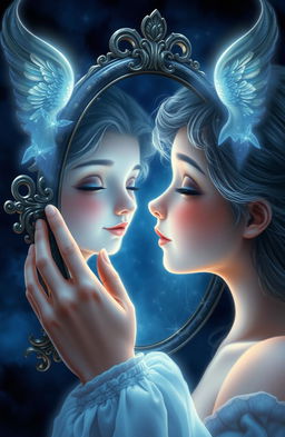 A beautiful soul gazing into a mirror, with an ethereal aura surrounding it