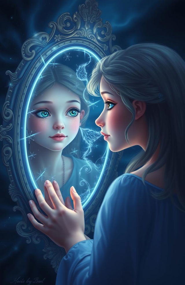 A beautiful soul gazing into a mirror, with an ethereal aura surrounding it