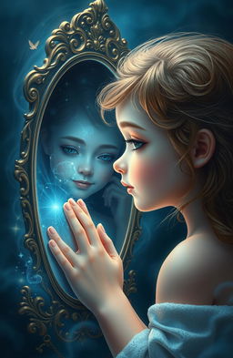 A beautiful soul gazing into a mirror, with an ethereal aura surrounding it