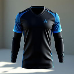 A sleek and modern black and blue jersey design, featuring a smooth gradient that transitions from a deep black at the shoulders to a vibrant blue towards the waist