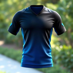 A sleek and modern black and blue jersey design, featuring a smooth gradient that transitions from a deep black at the shoulders to a vibrant blue towards the waist