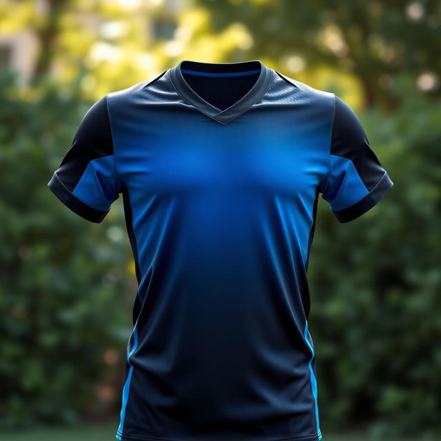 A sleek and modern black and blue jersey design, featuring a smooth gradient that transitions from a deep black at the shoulders to a vibrant blue towards the waist