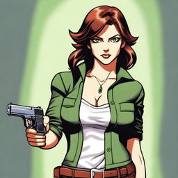 A stern-faced woman with chestnut brown hair and piercing green eyes confidently brandishing a handgun.