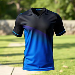 A sleek and modern black and blue jersey design, featuring a smooth gradient that transitions from a deep black at the shoulders to a vibrant blue towards the waist