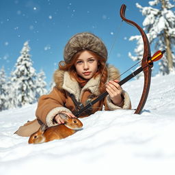 A poised young huntress, skillfully camouflaged in the snowy surroundings, is lying in wait to catch a small, delicate rabbit