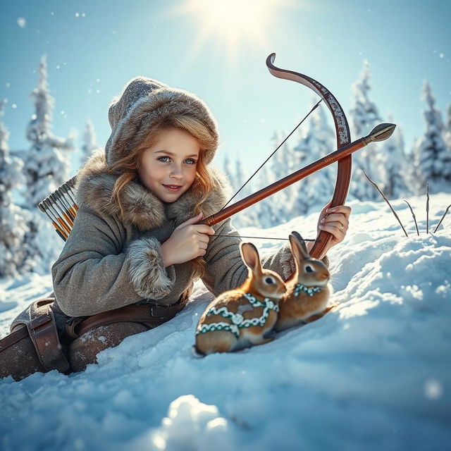 A poised young huntress, skillfully camouflaged in the snowy surroundings, is lying in wait to catch a small, delicate rabbit