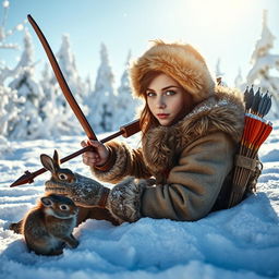 A poised young huntress, skillfully camouflaged in the snowy surroundings, is lying in wait to catch a small, delicate rabbit