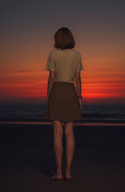 A woman with shoulder-length hair, wearing simple modest clothing and a short skirt, stands facing away from the viewer as if contemplating something far away