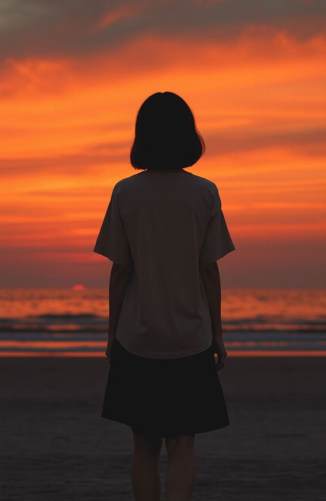 A woman with shoulder-length hair, wearing simple modest clothing and a short skirt, stands facing away from the viewer as if contemplating something far away