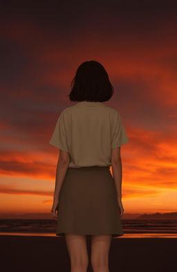 A woman with shoulder-length hair, wearing simple modest clothing and a short skirt, stands facing away from the viewer as if contemplating something far away