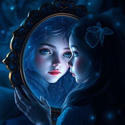 A beautiful soul gazing into a mirror, surrounded by a captivating aura