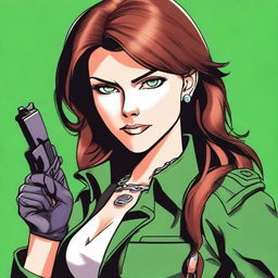 A stern-faced woman with chestnut brown hair and piercing green eyes confidently brandishing a handgun.