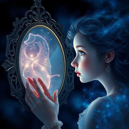 A beautiful soul gazing into a mirror, surrounded by a captivating aura