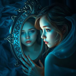 A beautiful soul gazing into a mirror, surrounded by a captivating aura