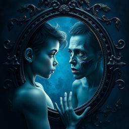A beautiful soul gazing into a mirror, facing a contrasting reflection that appears distorted or unappealing