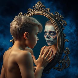 A beautiful soul gazing into a mirror, facing a contrasting reflection that appears distorted or unappealing