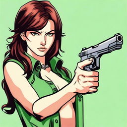 A stern-faced woman with chestnut brown hair and piercing green eyes confidently brandishing a handgun.