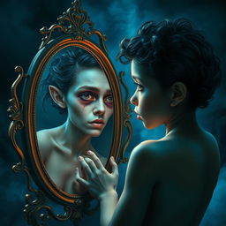 A beautiful soul gazing into a mirror, facing a contrasting reflection that appears distorted or unappealing