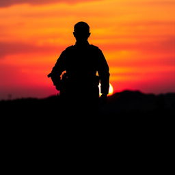 A striking silhouette of an Indonesian soldier standing tall against a vibrant sunset backdrop