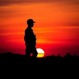 A striking silhouette of an Indonesian soldier standing tall against a vibrant sunset backdrop