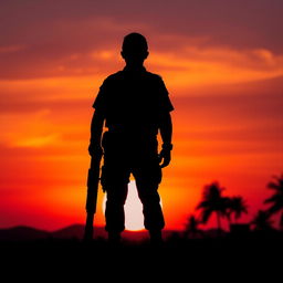 A striking silhouette of an Indonesian soldier standing tall against a vibrant sunset backdrop
