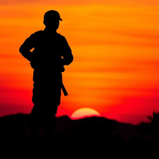 A striking silhouette of an Indonesian soldier standing tall against a vibrant sunset backdrop