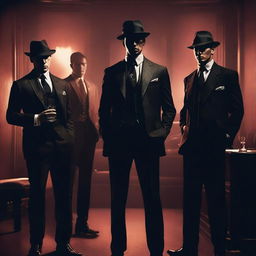 Elegant mafia members posing in a dimly lit speakeasy, wearing sharp designer suits and engaging in hushed conversations with a noir aesthetic