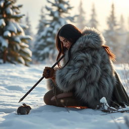 A stealthy huntress, elegantly poised in the midst of a snowy landscape, is ready to hunt a small rabbit