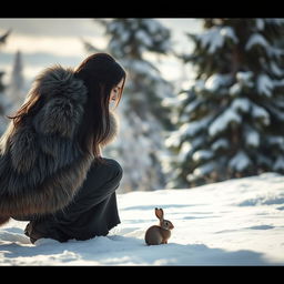 A stealthy huntress, elegantly poised in the midst of a snowy landscape, is ready to hunt a small rabbit