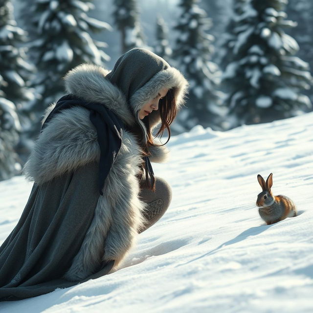 A stealthy huntress, elegantly poised in the midst of a snowy landscape, is ready to hunt a small rabbit