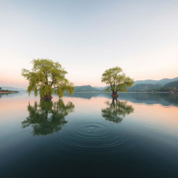 A serene natural landscape featuring tranquil water reflections