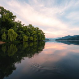 A serene natural landscape featuring tranquil water reflections