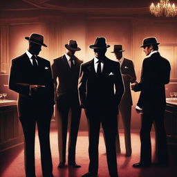 Elegant mafia members posing in a dimly lit speakeasy, wearing sharp designer suits and engaging in hushed conversations with a noir aesthetic