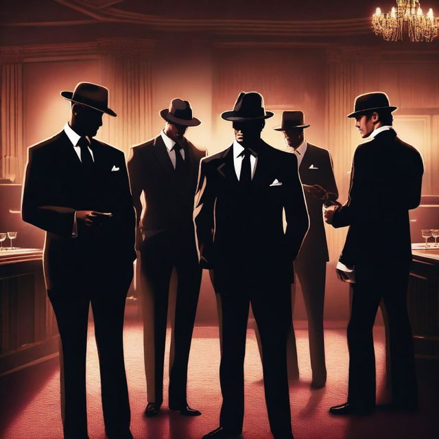 Elegant mafia members posing in a dimly lit speakeasy, wearing sharp designer suits and engaging in hushed conversations with a noir aesthetic