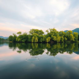 A serene natural landscape featuring tranquil water reflections